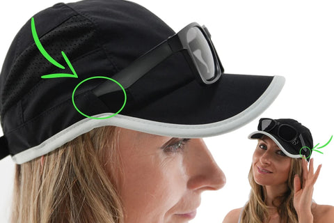 Two images of woman with ponytail cap and sunglass - ball cap