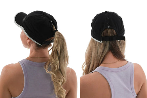 Two images of woman wearing ponytail cap - black cap for women