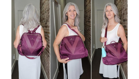 woman wearing a convertible bag in 3 different carrying option