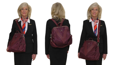 Woman over 60 portraying different ways of carrying convertible bag
