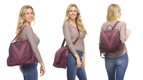 Woman carrying a convertible bag in three different ways