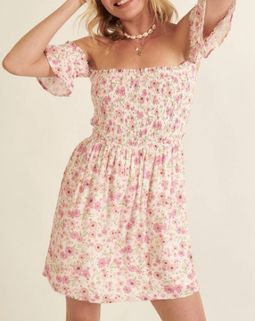 SALE- Smocked Floral-Print Off-Shoulder Mini Dress