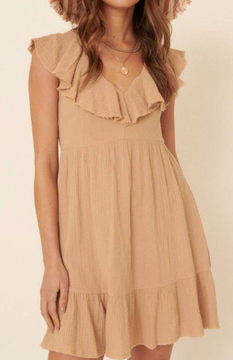 SALE- Solid Woven V-Neck Flounce Ruffle Mini Dress