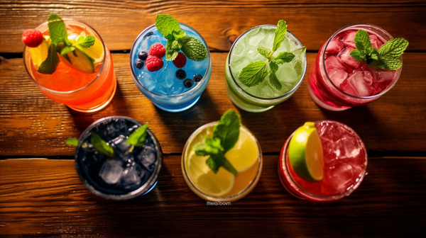 Close-up of colorful mocktails garnished with fresh fruits and herbs on a rustic wooden table