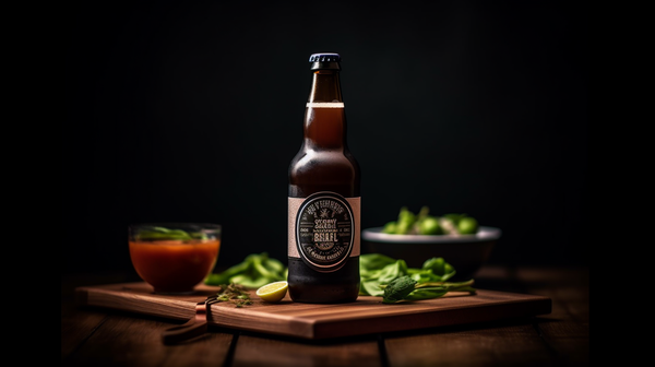 Close-up of a non-alcoholic craft beer bottle next to a charcuterie board.