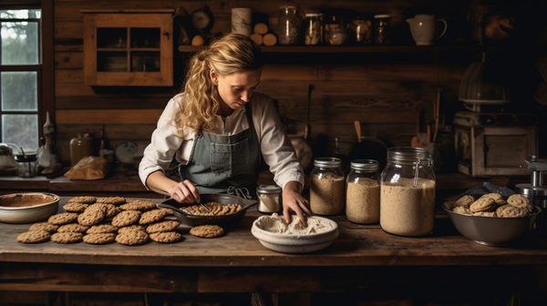 A mom in a cozy, warmly lit kitchen, in the process of baking lactation cookies, with ingredients like oats, flaxseed, and chocolate chips spread out on a wooden table.