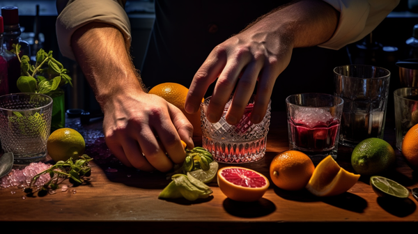 Bartender's hands skillfully mixing a mocktail with ingredients and tools neatly arranged