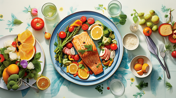 A bird's-eye view of a dining table set with a balanced meal for breastfeeding moms, featuring a plate of grilled fish, a bowl of mixed fruits, a glass of water, and a side of vegetables, all brightly and naturally colored.