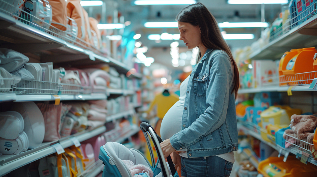 A first-time pregnant mother in a baby store, picking out essentials like a car seat and tiny clothes. Her expression is one of careful consideration, embodying the responsibility and love of motherhood before birth.