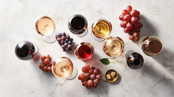 Flat lay of various types of non-alcoholic wines with grapes on a marble surface.