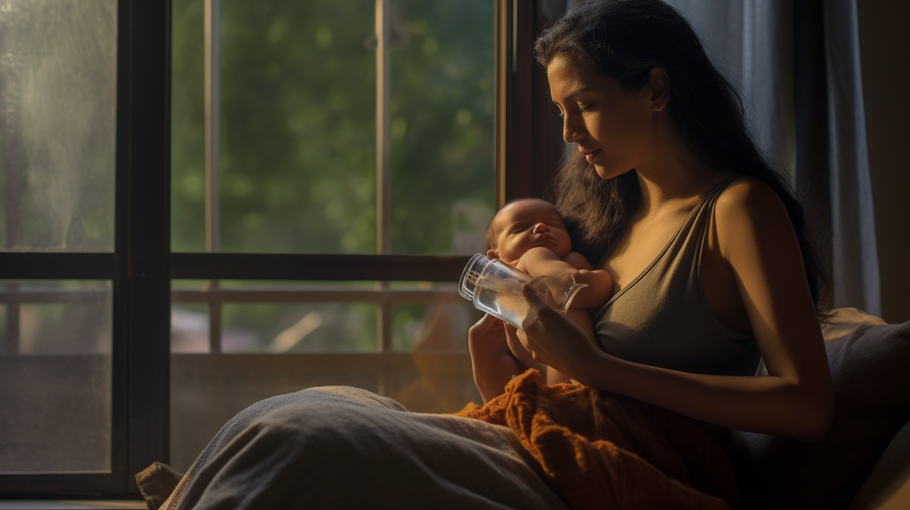 A glass of water next to a breastfeeding mother and her baby. - 7 Super Foods That Help You Lactate
