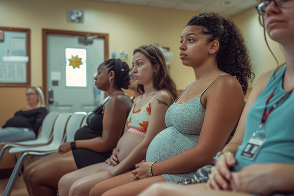 A group of pregnant young women sitting in the waiting room, wearing modern and looking sad . Shot by Nikon D850 with an 2470mm f/3. 6 lens at ISO setting o , shutter speed to capture motion, day light