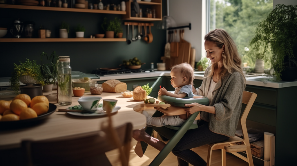 mom and baby in high chair at table