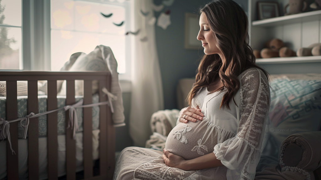 an expecting mother sitting in a nursery room, reflecting quietly, surrounded by baby items yet to be used. Her expression is thoughtful, capturing the anticipation and depth of her emerging motherhood.