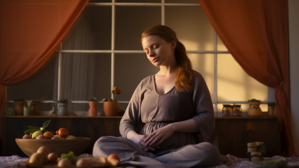 A pregnant woman sitting on a yoga mat, holding her belly, surrounded by natural remedies like ginger tea and activated charcoal capsules