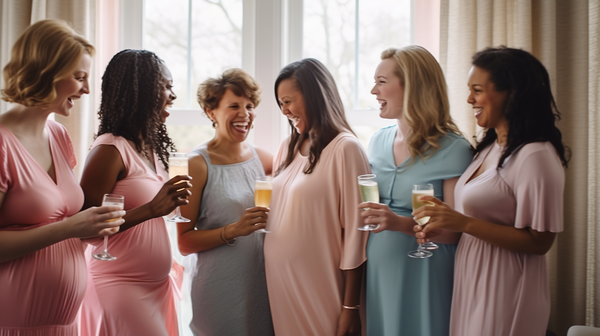 Diverse group of pregnant women laughing and holding different mocktails at a baby shower