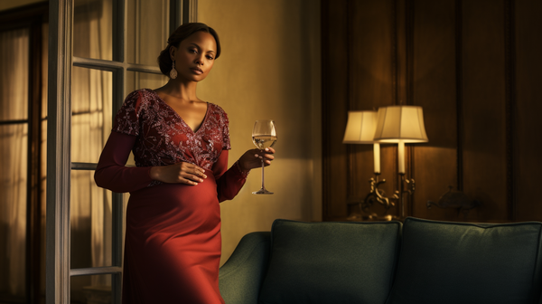 Sophisticated pregnant woman holding a glass of non-alcoholic red wine in a luxurious living room.