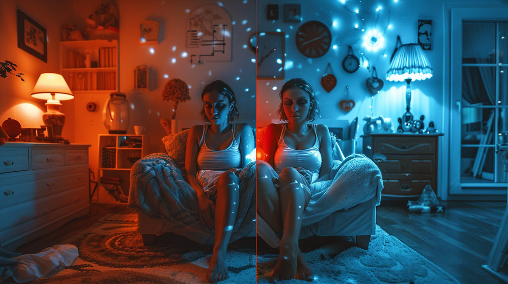 A split-image showing a new mom in two contrasting states: on one side, slumped in depression in a dimly lit room; on the other, in a rage with objects thrown about in a brightly lit setting.