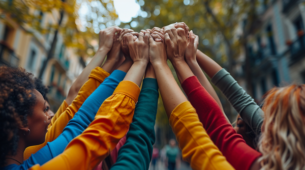 women in circle with hands together in unity