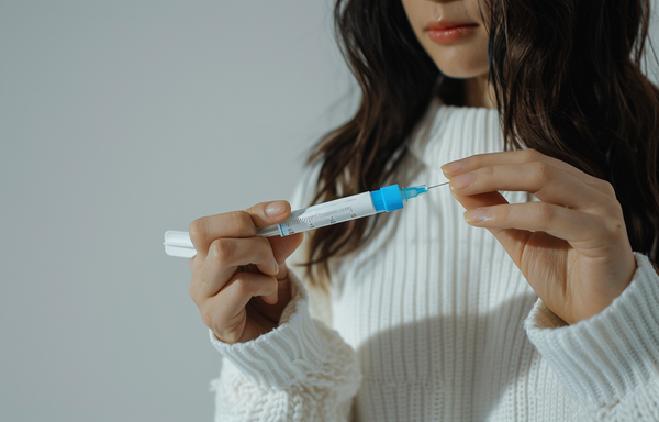 A woman holding a Ozempic device with the blue plastic tube and white syringe in her hands, against a white background, photographed in a photo realistic style, shot on a Canon EOS R5 camera. --ar 64:41
