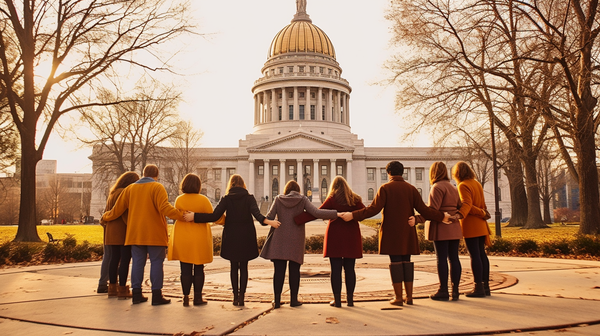 supportive circle of women standing outside capital building