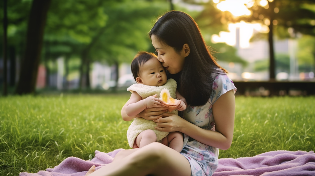 Asian mom at a public park kissing her 3 month old baby in natural light