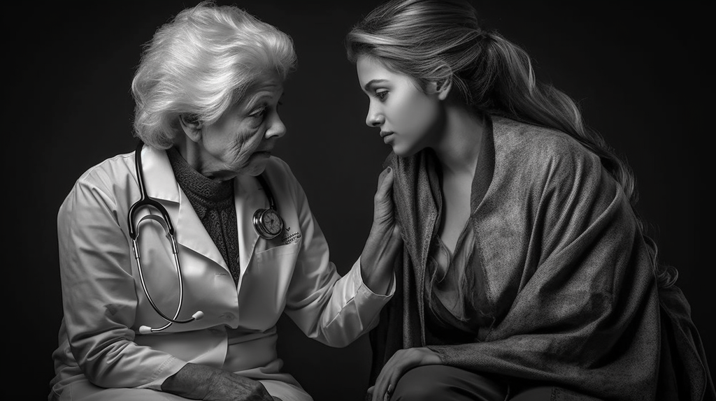 Empathetic portrayal of a mother consulting with a healthcare professional