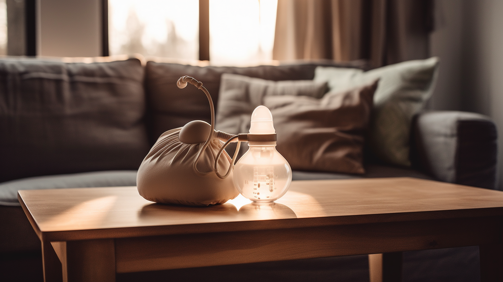 High-resolution stock photo of a warm compress and a modern breast pump sitting on a wooden table.