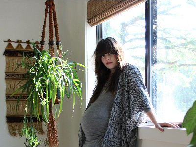 [Bump Style Approved: Pregnancy Q&A with Lauren Christner] - Bump Style Approved: Pregnancy Q&A with Lauren Christner] - [Lauren Christner wearing Gray Maternity Dress and Red Leggings]