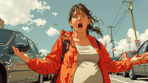 Cartoon Drawing of Excited Pregnant Woman In Parking Lot