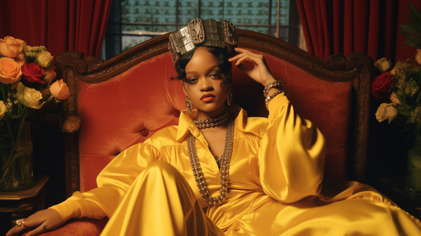 Rihanna in yellow dress and crown