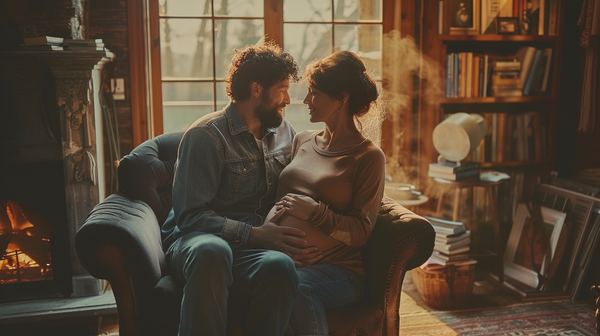 pregnant woman and husband having tender moment