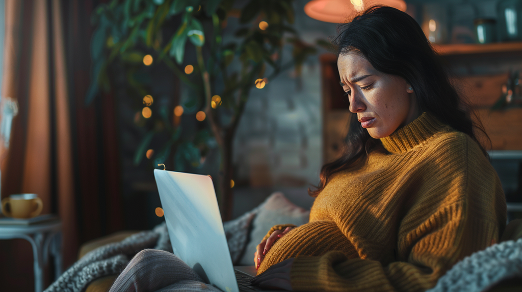 portrait of a worried pregnant woman sitting at home, researching the MOMS Act on her laptop, her expression fraught with concern. 