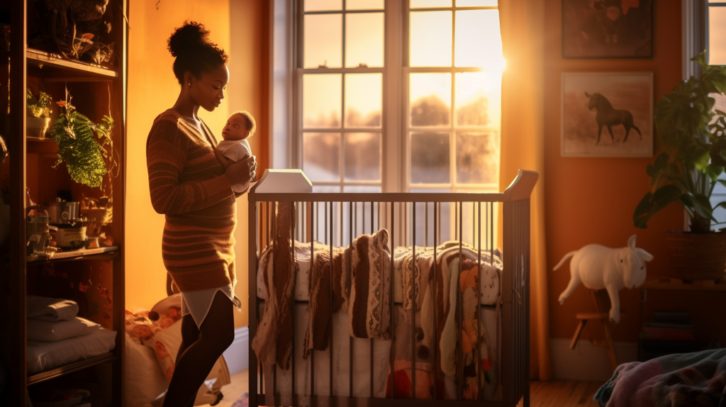 african america Woman standing over her baby's crib in a high end nursery during the golden hour deciding if she should wake her baby