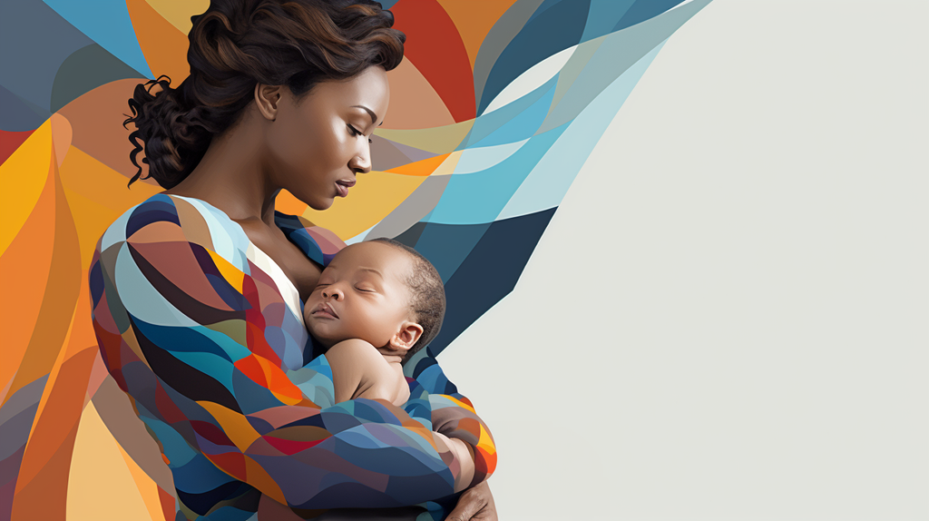black woman holding infant, white background and abstract design enveloping her