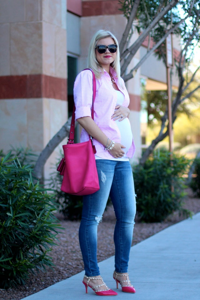 [Bump Style Approved: Pregnancy Q&A with Elle K.] - [Elle K wearing Maternity All Pink outfit and pink heels]