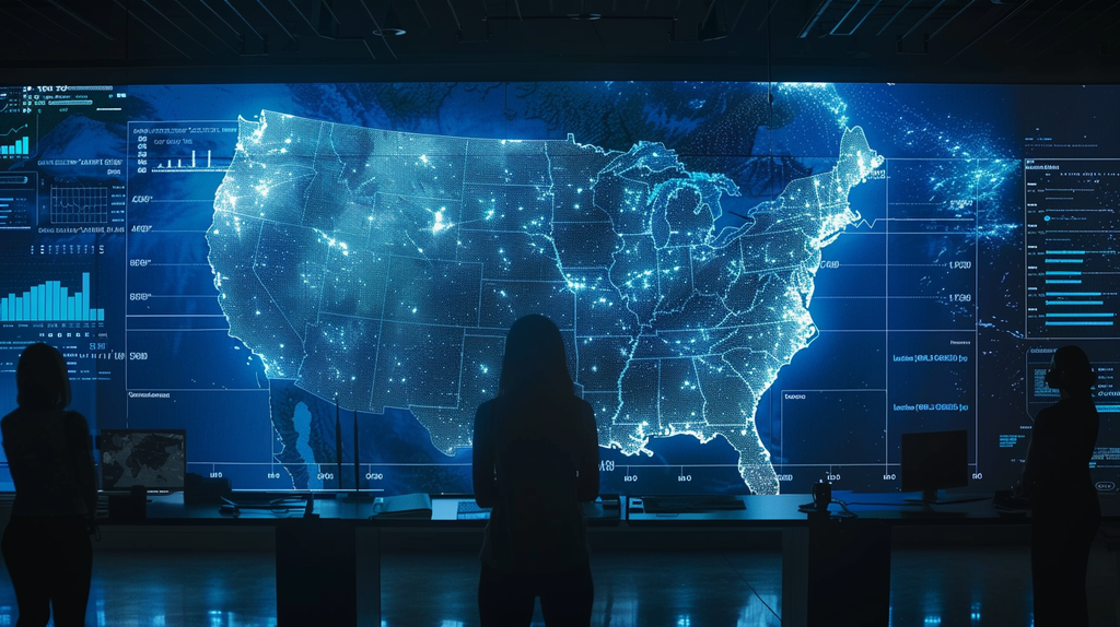 A dystopian-themed image depicting a large digital monitoring screen displaying maps and data points of pregnancies, with shadowy figures analyzing the information.