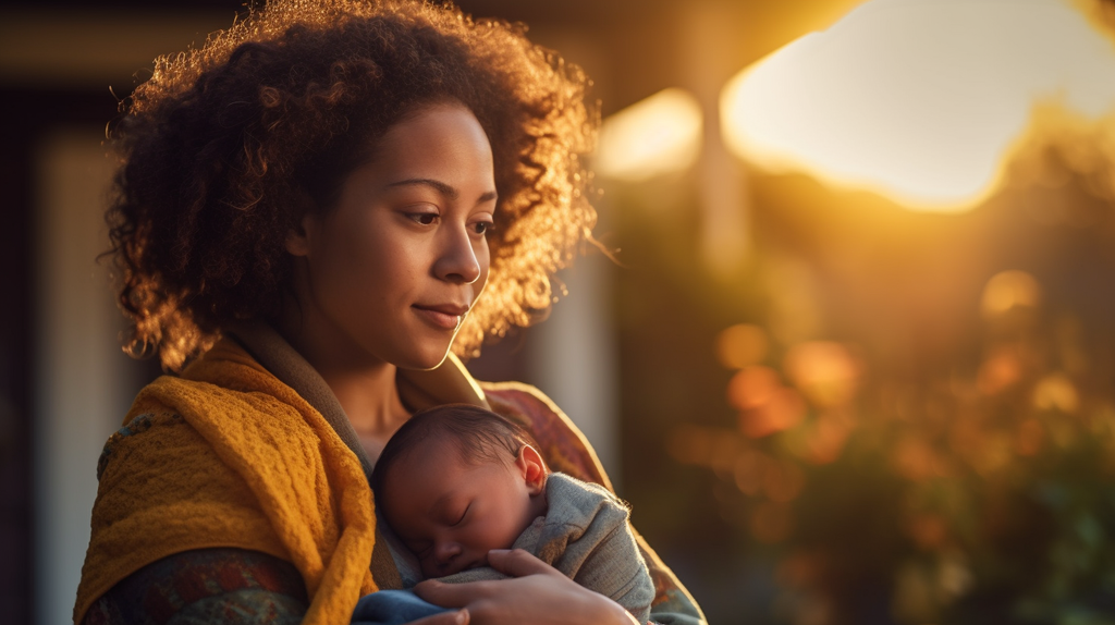 multiracial Woman outside holding a newborn getting sunlight but looking tired