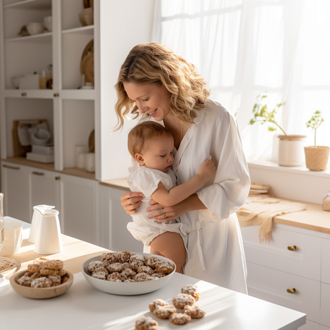 New mom with her baby making lactation cookies to promote breast milk production