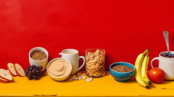 Bananas, a slice of apple, flaxseeds, and oatmeal arranged on a yellow table against a bright red wall.