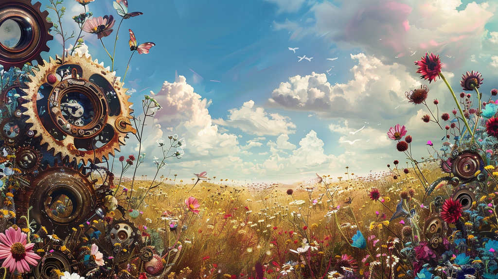 A landscape scene depicting the complex inner workings of a mind, with mechanical gears and blooming flowers spread across a wide, open field under a clear sky. This surreal view symbolizes the intricate balance of mental health