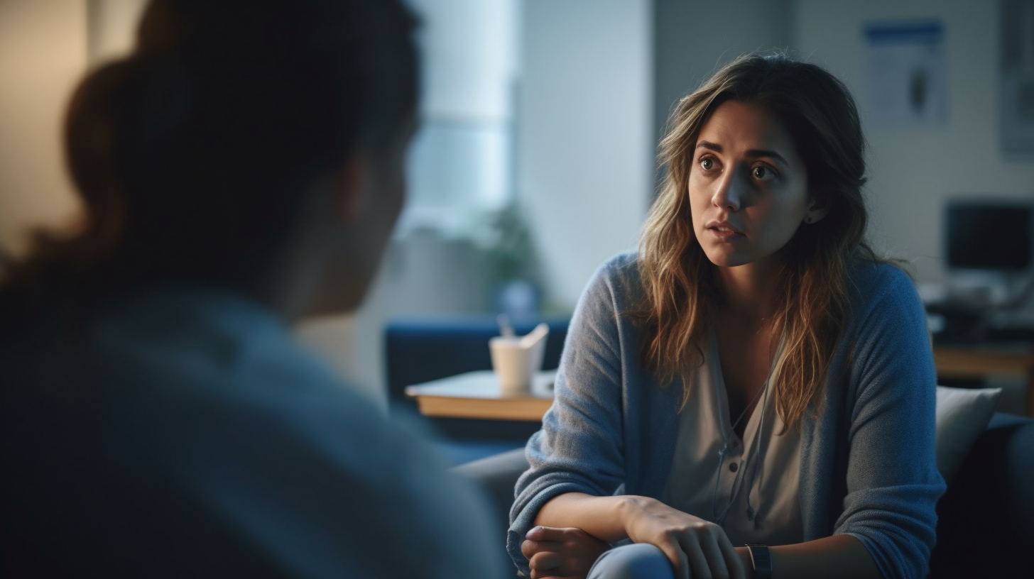 Woman consulting with a healthcare provider about treatment options for postpartum depression and anxiety.