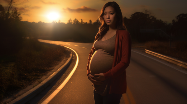 pregnant teen at crossroad at dusk