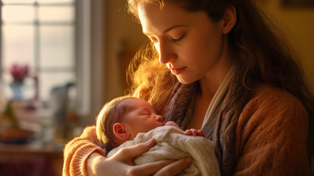 white woman holding a newborn baby looking exhausted,