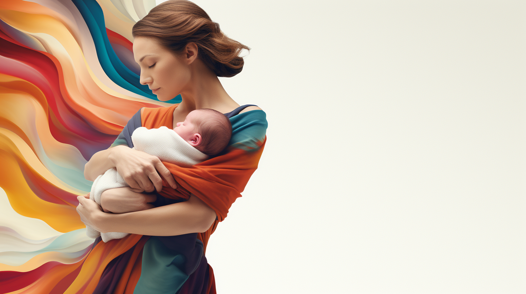 white woman holding baby on white background, abstract design wrapping her