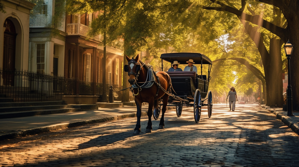 couple enjoying a carriage ride through Charleston's historic streets, encapsulating the city's Southern charm and romantic atmosphere.