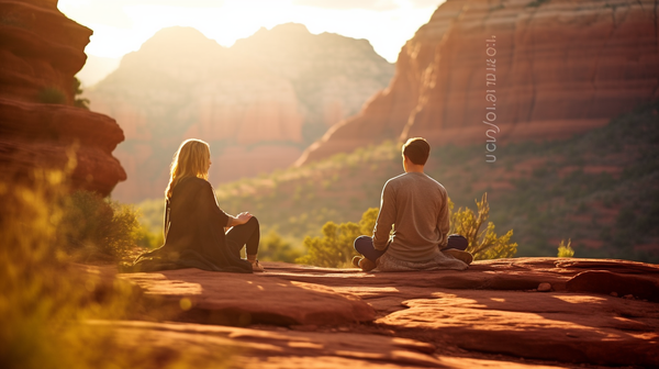 A couple meditating in front of a red rock formation in Sedona, highlighting the area's spiritual energy and natural beauty for babymoon.