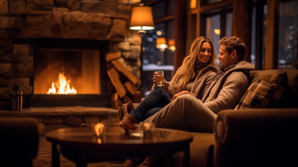 A couple enjoying hot cocoa by a fireplace in an Aspen resort, capturing the essence of a cozy mountain retreat.