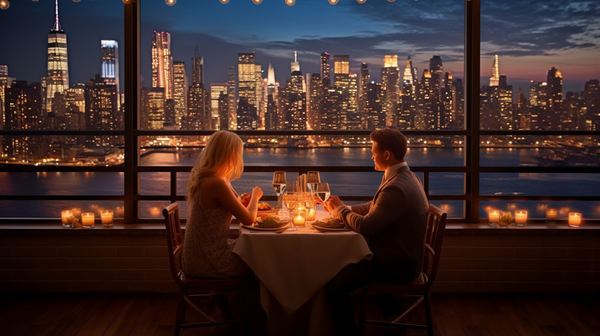 Am expecting couple having a rooftop dinner with the New York City skyline in the background, capturing the excitement and romance of an urban babymoon.