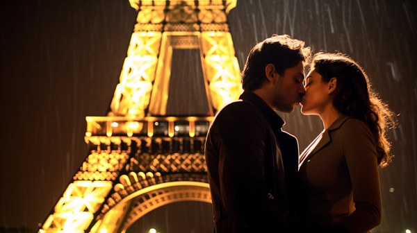 [The Ultimate International Babymoon Destinations for 2023] - [A couple (pregnant woman) sharing a kiss in front of the Eiffel Tower at night]